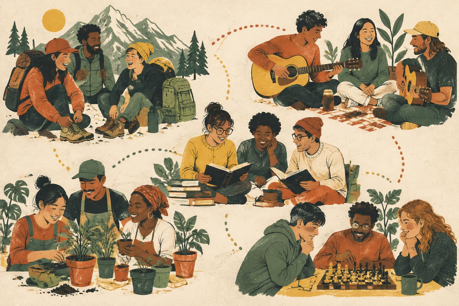 Grupos de personas compartiendo aficiones: senderismo, música, lectura, plantas y ajedrez